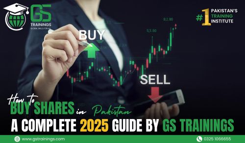 How to Buy Shares in Pakistan – A Complete 2025 Guide by GS Trainings, Pakistan’s #1 Training Institute. Image shows a professional analyzing PSX (Pakistan Stock Exchange) stock market charts with glowing “BUY” (green upward arrow) and “SELL” (red downward arrow) signals on a candlestick chart. Text overlay: “How to Buy Shares in Pakistan | PSX | Stock Market”