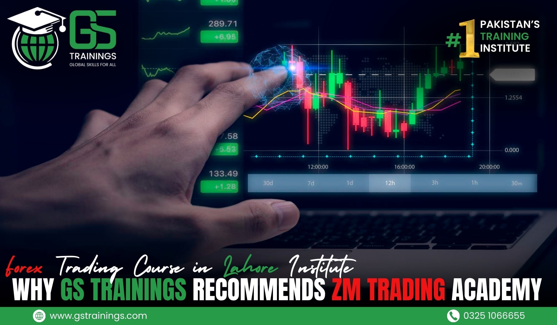 Promotional advertisement for a Forex Trading Course in Lahore offered by GS Trainings, featuring a hand interacting with a holographic stock market chart displaying candlestick patterns, trend lines, and price data on a digital screen with a laptop keyboard in the foreground. The image highlights why GS Trainings recommends ZM Trading Academy, with branding logos, the tagline "Pakistan's #1 Training Institute," website www.gstrainings.com, and contact number 0325 1066655.