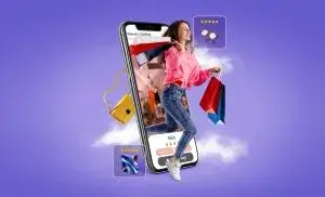 Vibrant illustration of seamless online shopping – woman jumping from e-commerce app with bags, shirts, sunglasses, and handbags