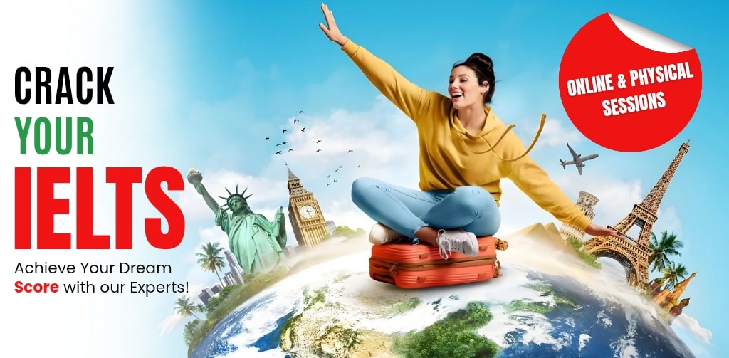IELTS preparation course banner showing a young woman on a suitcase atop Earth with global landmarks, promoting Crack Your IELTS at GS Trainings.