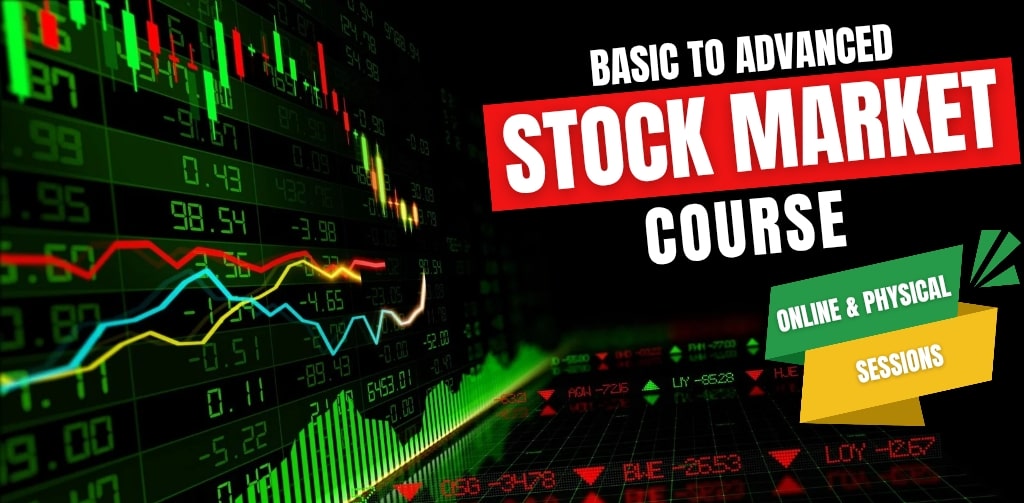Promotional banner for GS Trainings (gstrainings.com) featuring a vibrant stock market-themed background with green and red candlestick charts, fluctuating line graphs, stock ticker prices, and upward/downward arrows, overlaid with bold text "BASIC TO ADVANCED STOCK MARKET COURSE" and a yellow-green badge highlighting "ONLINE & PHYSICAL SESSIONS